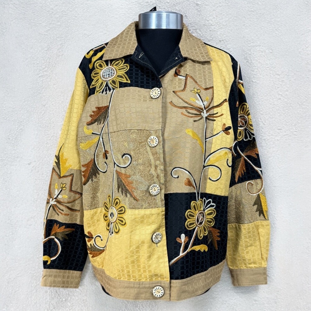 Indigo Moon Embroidered Sunflower Patchwork Jacket Retro Boho Womens XS